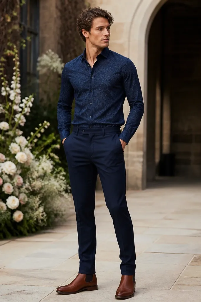 Navy patterned shirt with solid navy trousers and brown Chelsea boots