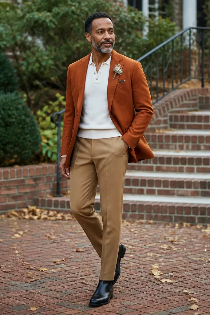 Rust wool blazer with ivory polo, camel trousers, black Chelsea boots
