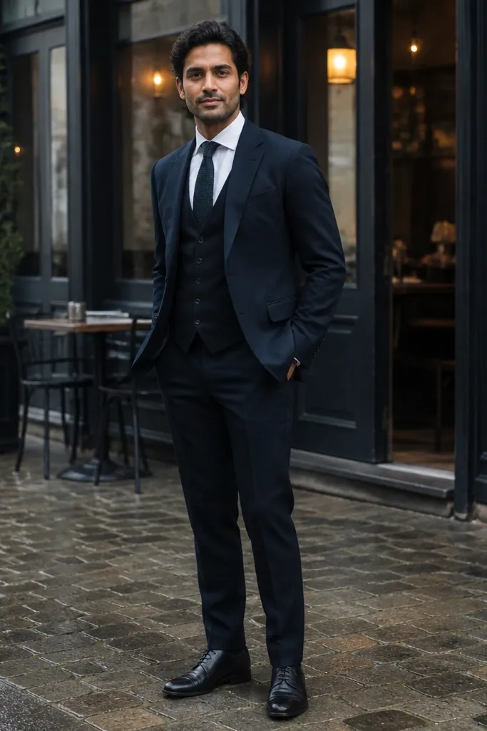 Ink navy three-piece suit with black waistcoat and dark knit tie