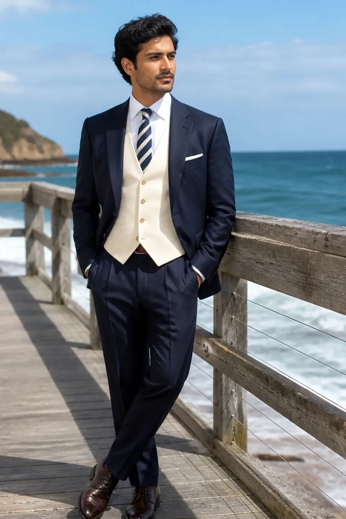 Coastal navy suit with cream waistcoat and navy striped tie