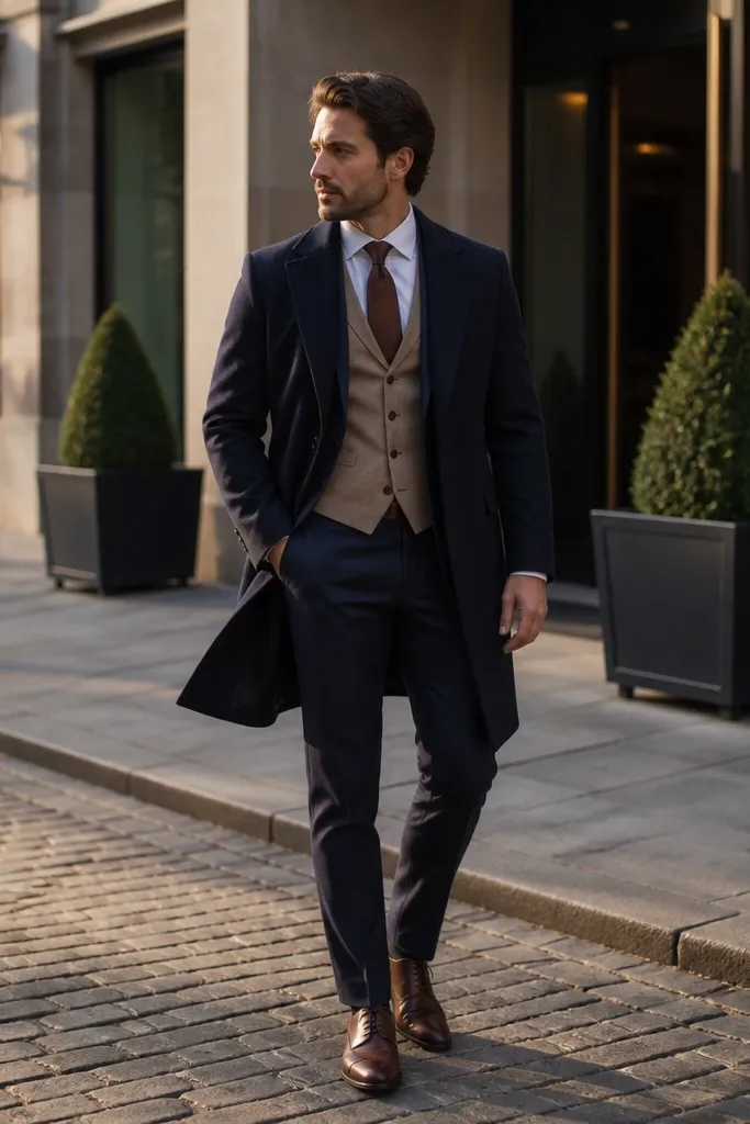 Navy hopsack suit with tan waistcoat and chocolate satin tie