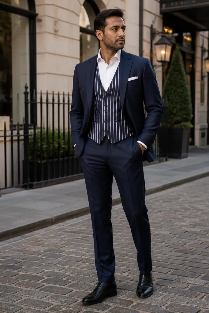 Navy micro-pattern suit with navy-and-white striped waistcoat