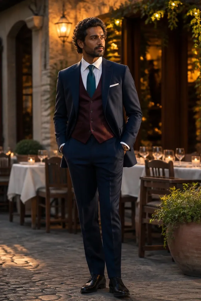 Dark navy suit with burgundy waistcoat and teal solid tie