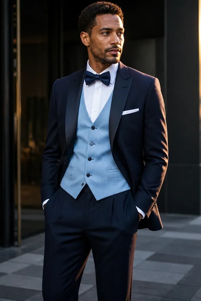 Midnight navy suit with light blue waistcoat and navy bow tie