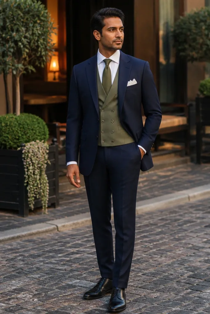 Navy three-piece suit with olive waistcoat and white pocket square