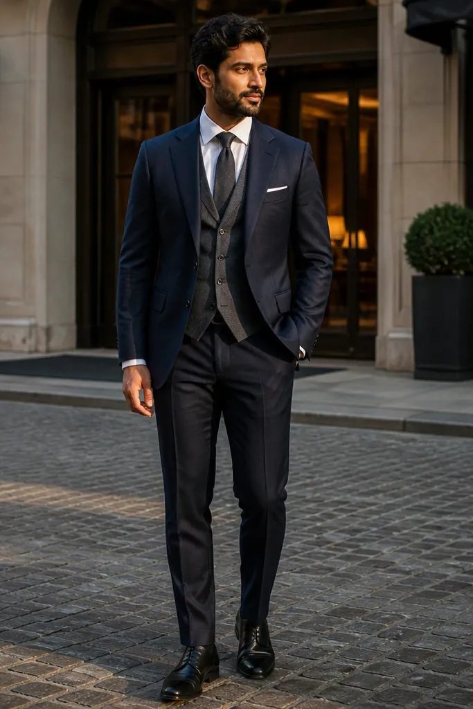 Navy suit with grey waistcoat and charcoal wool tie