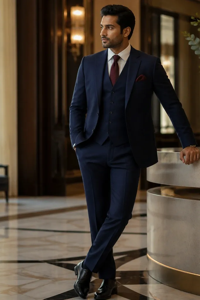 Navy suit with burgundy tie and burgundy-accent pocket square