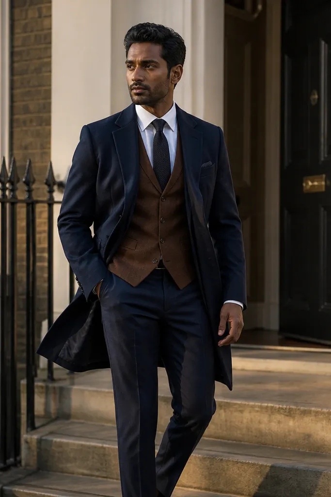 Navy three-piece with brown waistcoat and navy knit tie
