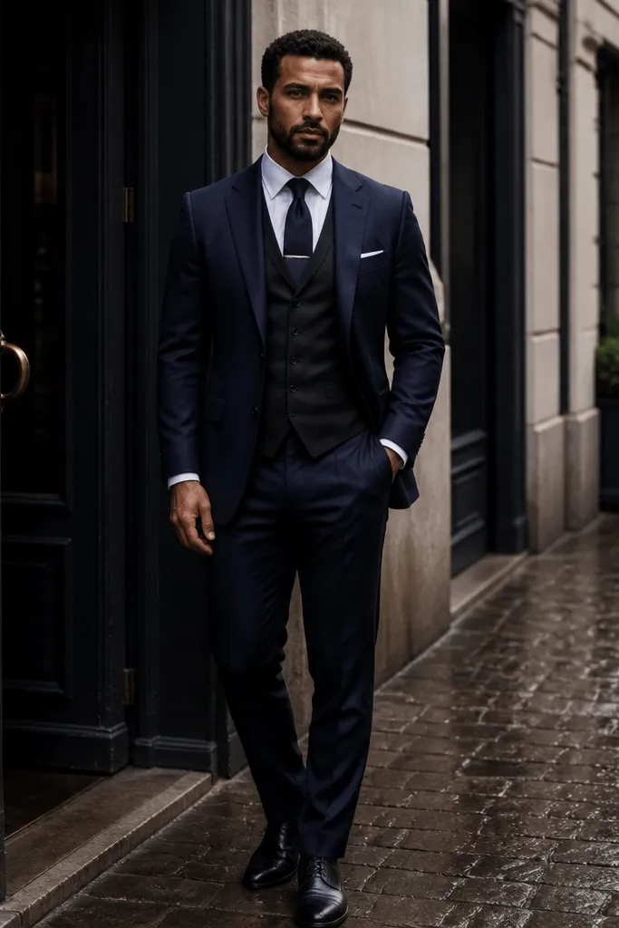 Navy suit with black waistcoat and dark tie with a tie bar