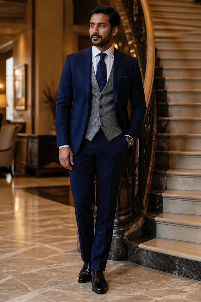 Navy suit with light grey waistcoat and navy polka dot tie