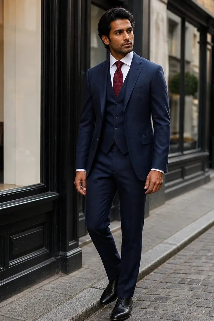 Navy suit with navy waistcoat and burgundy grenadine tie