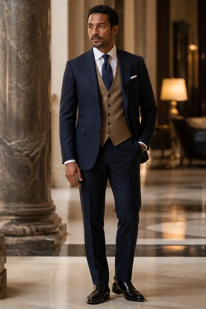 Navy suit with tan waistcoat and navy silk tie