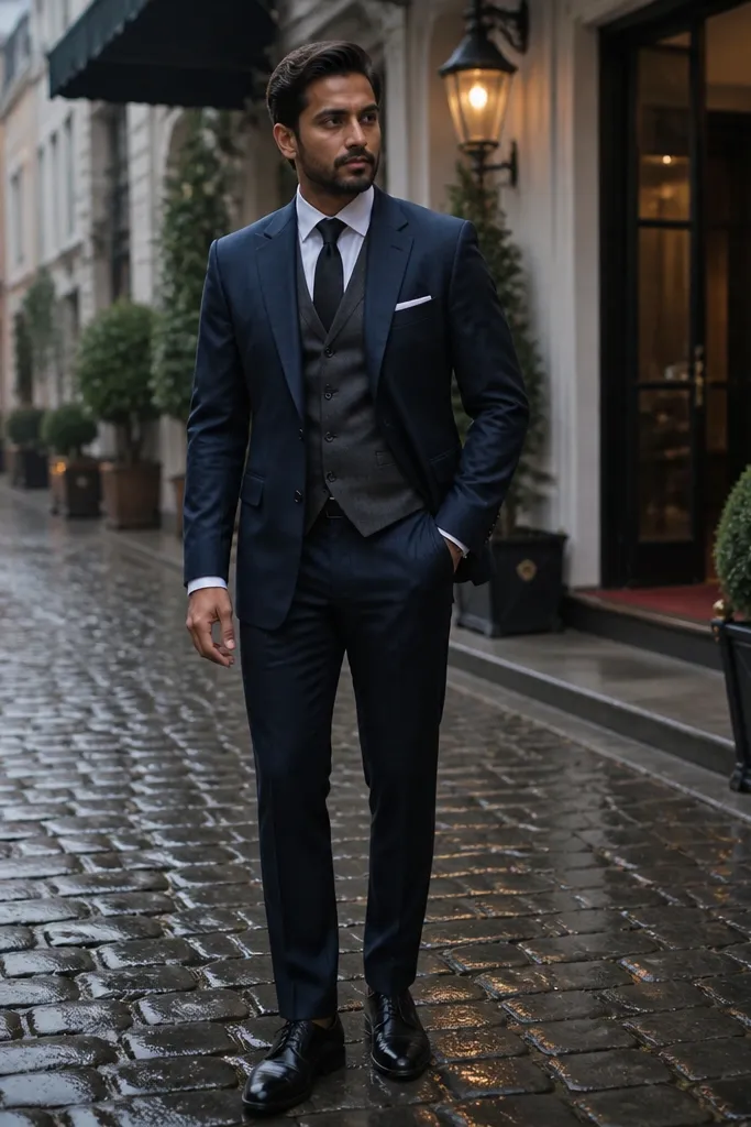 Navy suit with charcoal waistcoat and black wool tie
