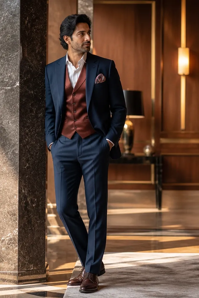 Navy suit with red-brown waistcoat and paisley pocket square