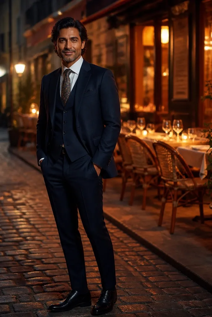 Navy three-piece with navy waistcoat and gold-fleck tie