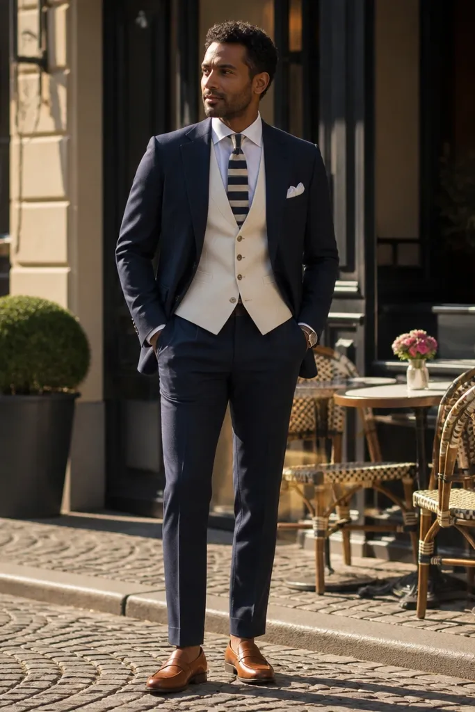 Navy three-piece with cream waistcoat and navy striped tie