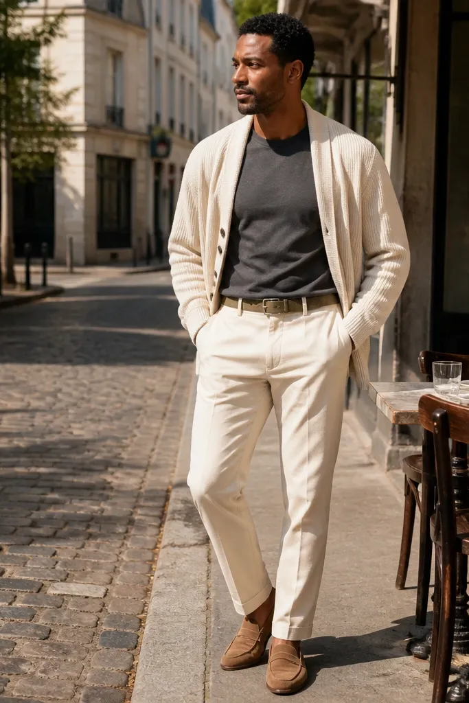 Charcoal t-shirt with off-white tapered chinos and white leather sneakers