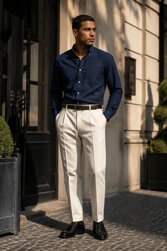 Navy button-down shirt with off-white pleated trousers and brown loafers
