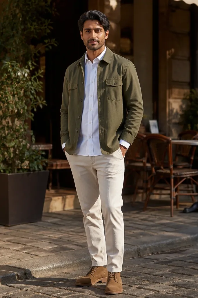 Olive overshirt layered over off-white slim pants with tan suede boots