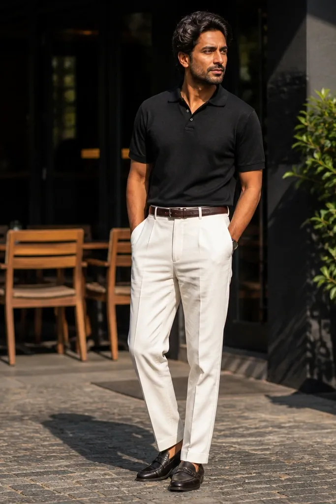 Black knit polo over off-white flat-front pants with black leather loafers