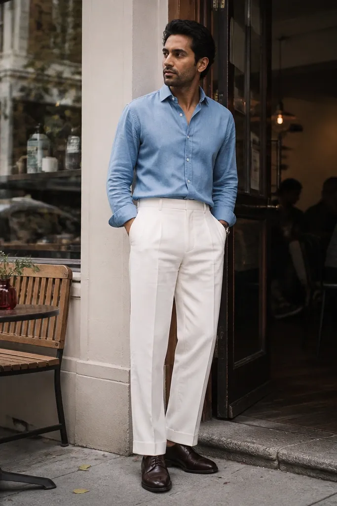 Light blue chambray shirt with off-white wide-taper pants and brown boots