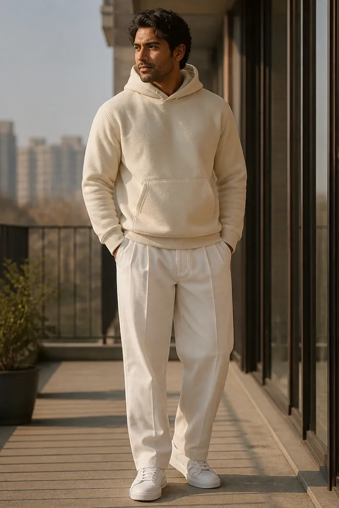 Cream hoodie with off-white pants and white sneakers