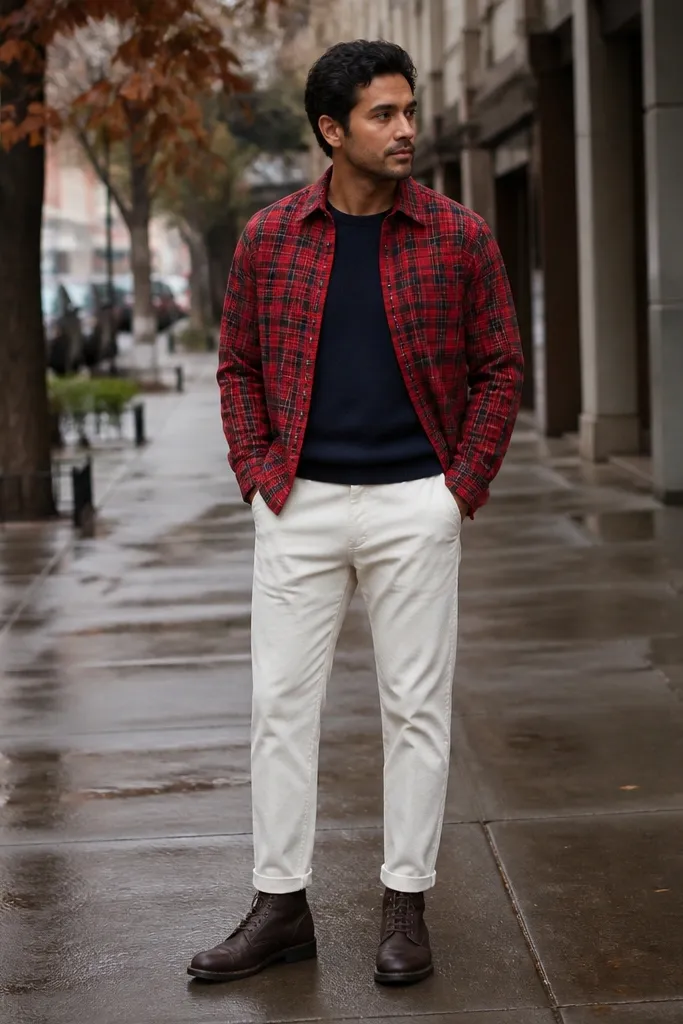 Red flannel overshirt over off-white chinos and dark brown boots