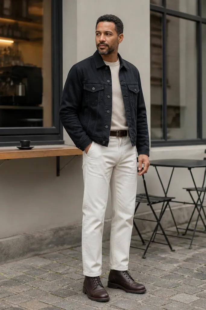 Black denim jacket over off-white straight pants with white sneakers