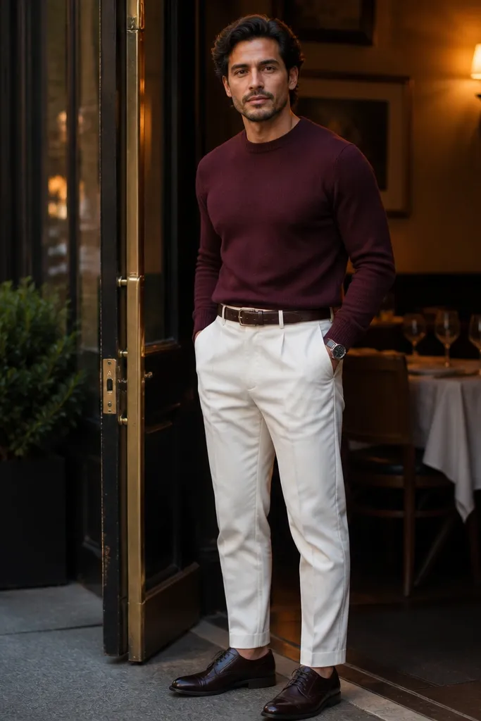Burgundy crewneck sweater with off-white tapered trousers and dark loafers