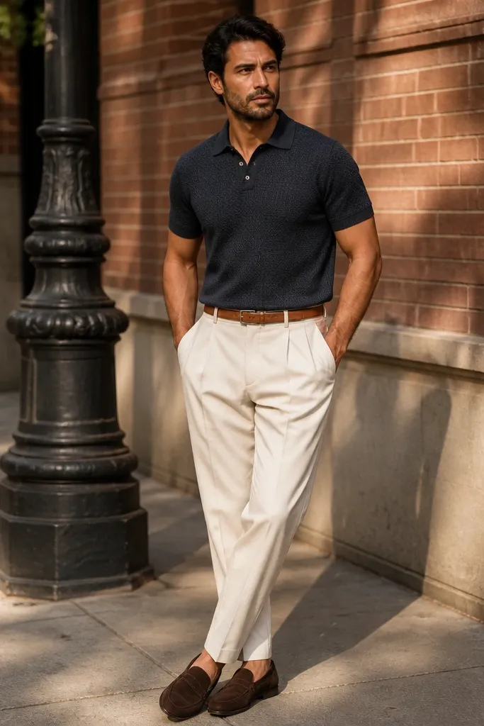 Navy patterned knit polo with off-white pants and tan belt leather shoes