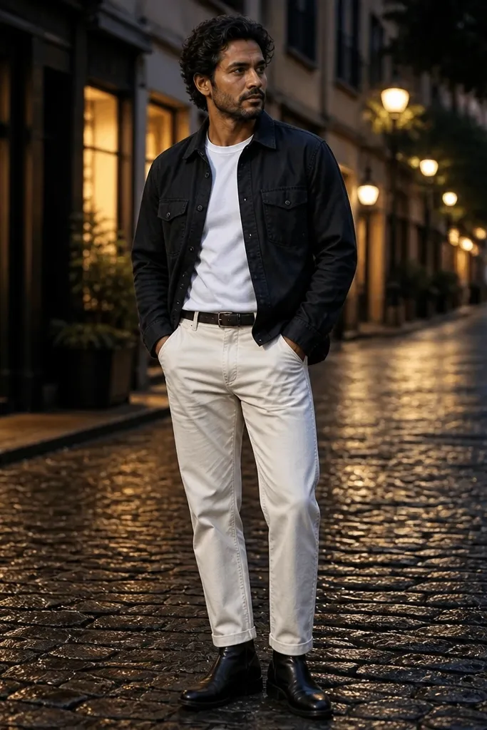 White t-shirt under black overshirt with off-white pants and black boots