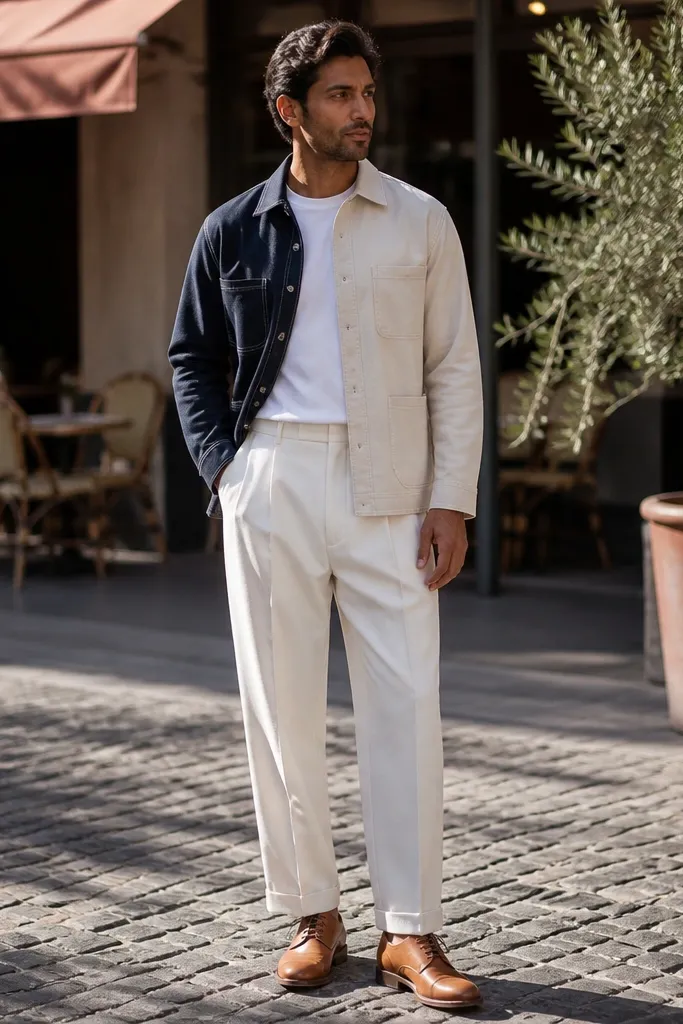 Two-tone shirt jacket over off-white pleated trousers with brown loafers