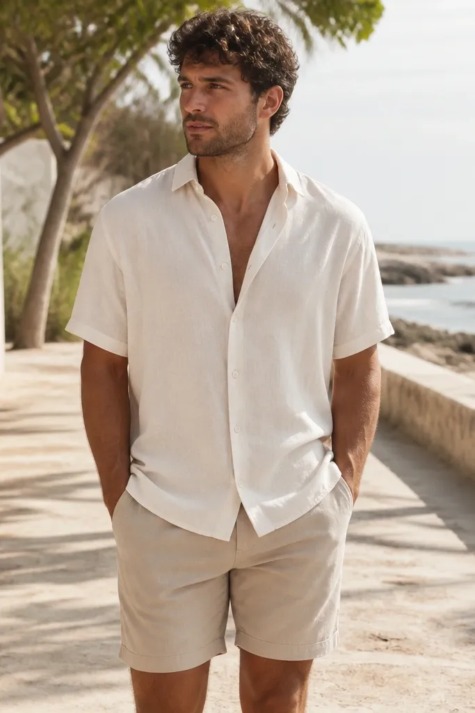 A man in a loose, short-sleeve linen button-up in oyster white paired with mid-rise sand-beige shorts. The shirt has mother-of-pearl style buttons and a slightly open collar. The shorts are flat-front with a clean hem above the knee. Background shows a bright beach walkway and soft shadows.