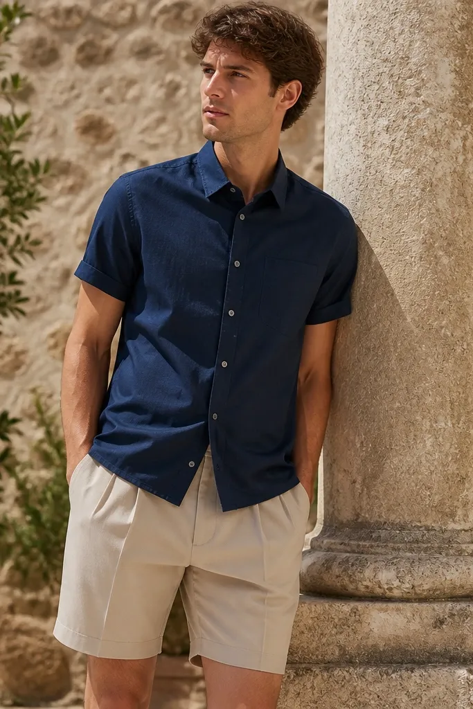 A man wearing a washed navy short-sleeve poplin button-up with a neat collar and structured shoulders. He pairs it with stone-colored pleated shorts that have a slight taper. The outfit looks crisp even in outdoor daylight, with the shirt front lying flat and the collar not collapsing.
