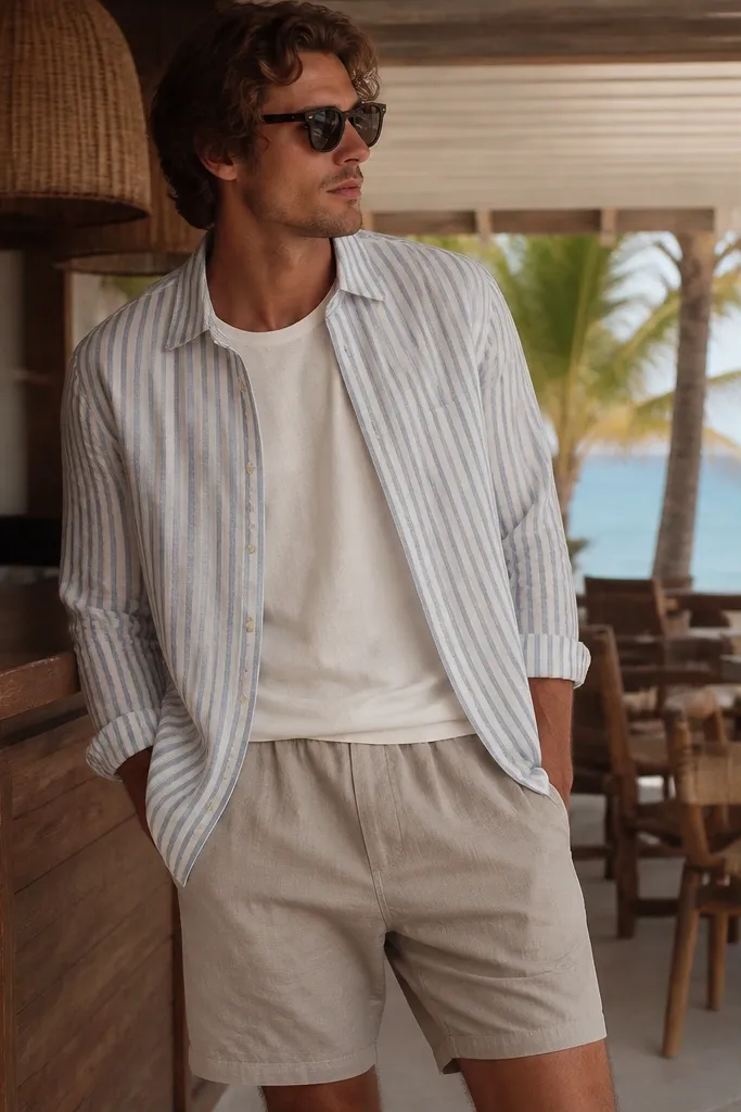 A vertical stripe linen button-up in pale blue and off-white worn open over a plain linen tee, with solid taupe linen shorts. The stripes are thin and spaced evenly. The shorts have a relaxed fit and natural fabric texture. The scene is a seaside bar with wooden tables.