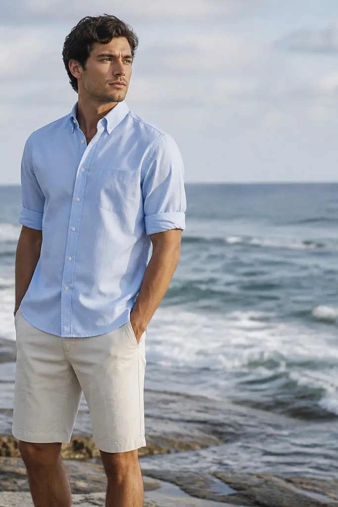A man wearing a light blue cotton oxford button-up with sleeves rolled to mid-bicep. He pairs it with longer tailored shorts that land closer to the knee. The shirt collar is upright and the fabric holds shape. The man stands near ocean waves, with the shirt looking structured.