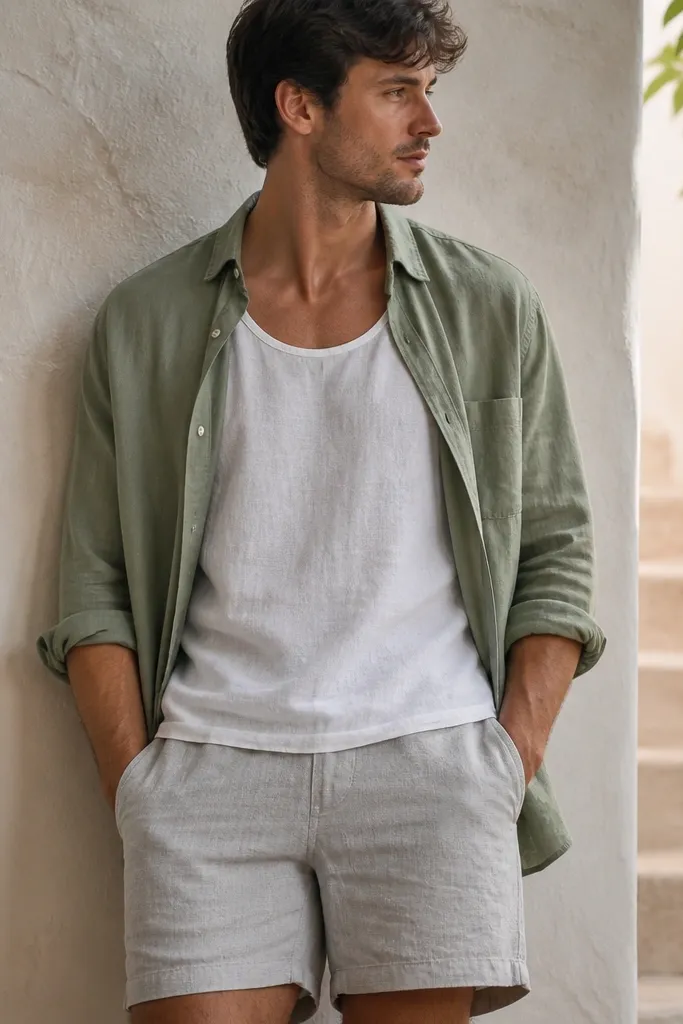 A man in a white linen tank under an open sage-green linen overshirt. The overshirt hangs with a relaxed drape, and the tank shows at the neckline and under the arms. Shorts are light grey linen. The fabric texture is visible in the light.