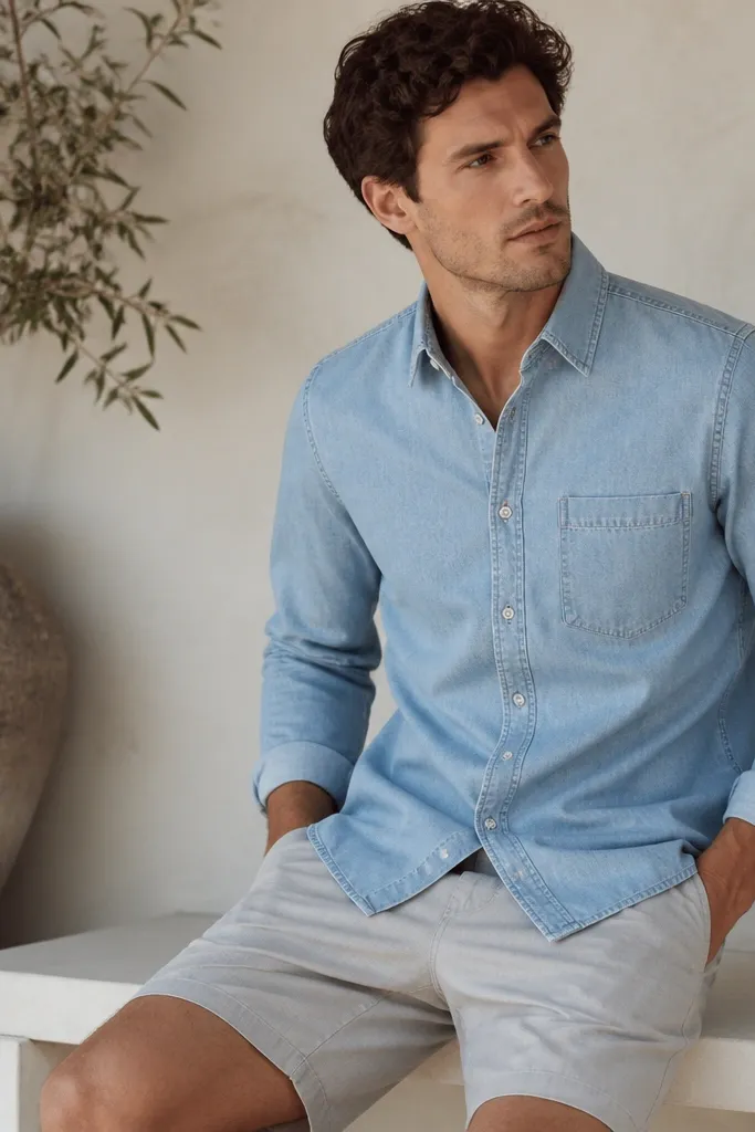 A man in a light chambray button-up shirt with a slightly faded blue tone. He pairs it with light grey shorts. The shirt collar holds shape, and the cuffs look crisp. The overall look is airy but structured, with denim-like texture.