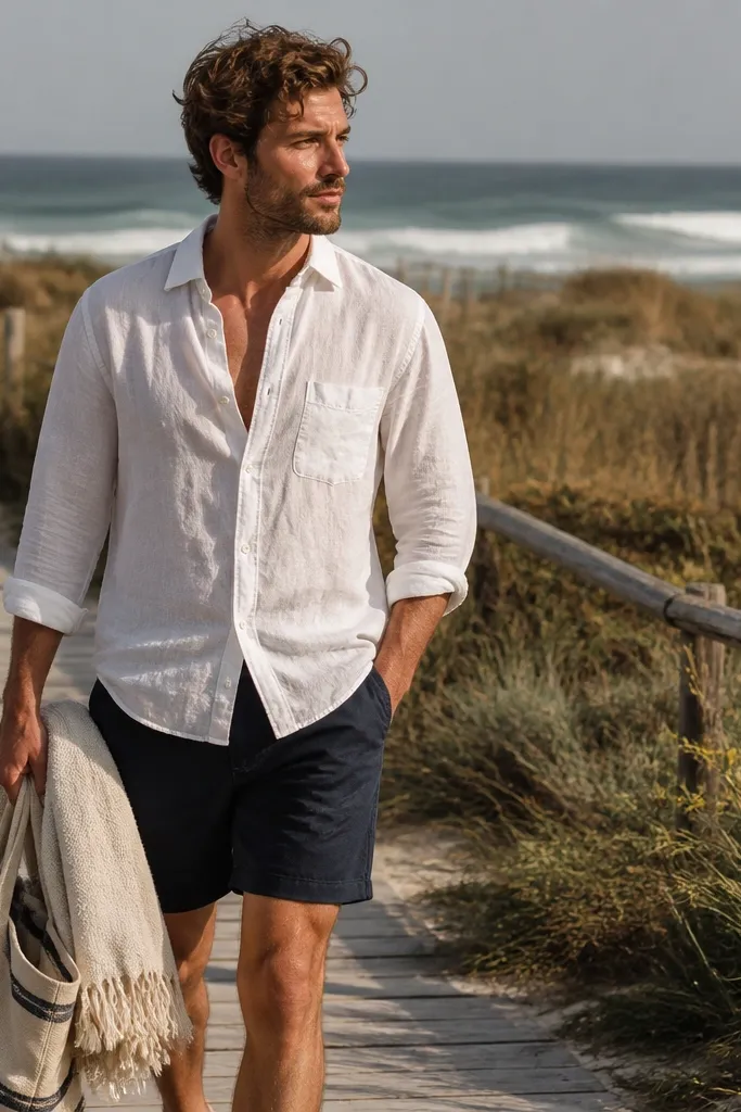 A man wearing a white linen shirt with cuffed sleeves, open at the collar. He holds a striped canvas tote with visible folds. The shorts are navy linen, and the shirt drapes naturally with soft wrinkles. The scene shows a beach towel and a sunlit boardwalk.