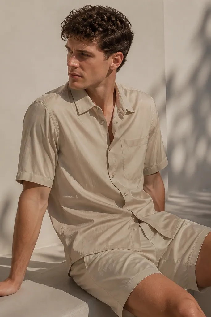 A man wearing a beige short-sleeve shirt that looks slightly shiny and uneven in texture, paired with shorts. The fabric catches light in a way that looks synthetic. The shirt wrinkles into sharper lines than surrounding linen.