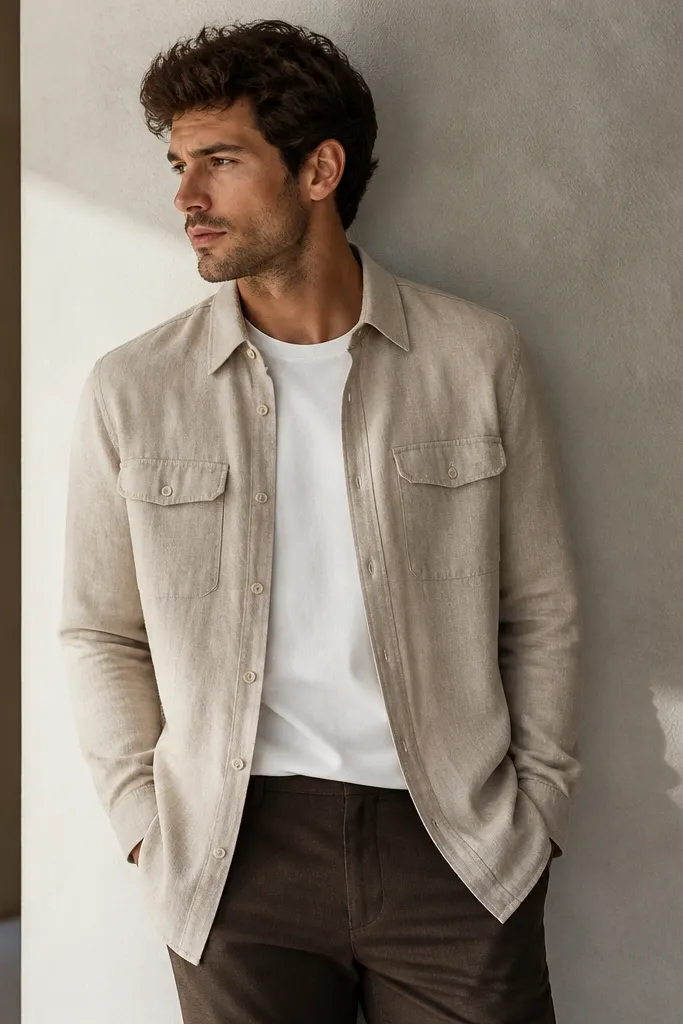 An oatmeal linen shirt with two chest pockets and a slightly longer hem. It's worn unbuttoned over a white crewneck tee, with dark brown trousers.