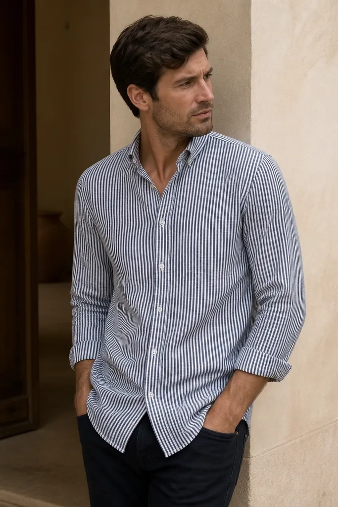 A vertical stripe linen shirt in muted navy and cream. The stripes are narrow, the shirt has a clean placket, and the fit is tapered at the waist. Worn with solid dark jeans.
