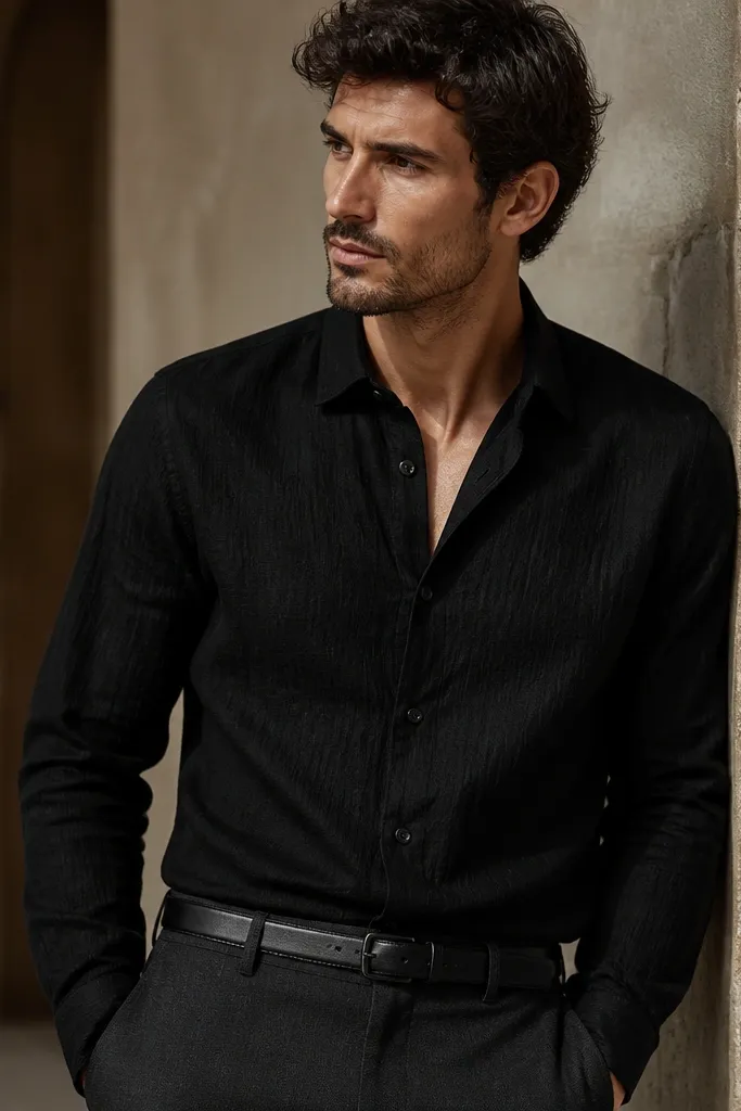 A black linen shirt with matte black buttons and a slightly open collar. The shirt looks textured, not shiny. It's worn with charcoal trousers and a black leather belt.