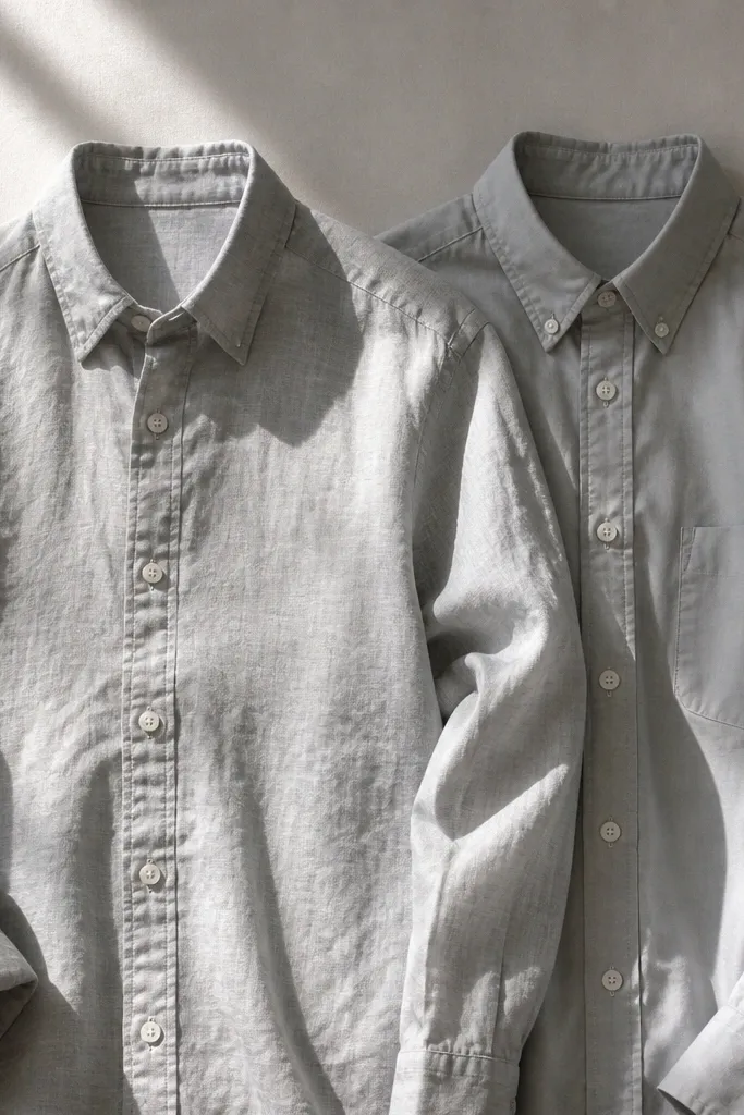Two shirts laid side by side: one linen in light gray, one cotton oxford in the same shade. Both are buttoned and photographed under the same window light, showing different texture and wrinkle behavior.