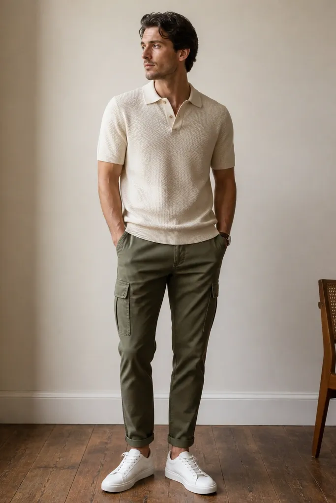 A man standing indoors in a small room wearing olive cargo pants with a tapered leg, an off-white knit polo with two buttons, and clean white low-top sneakers; background shows a light wall and a wooden floor.