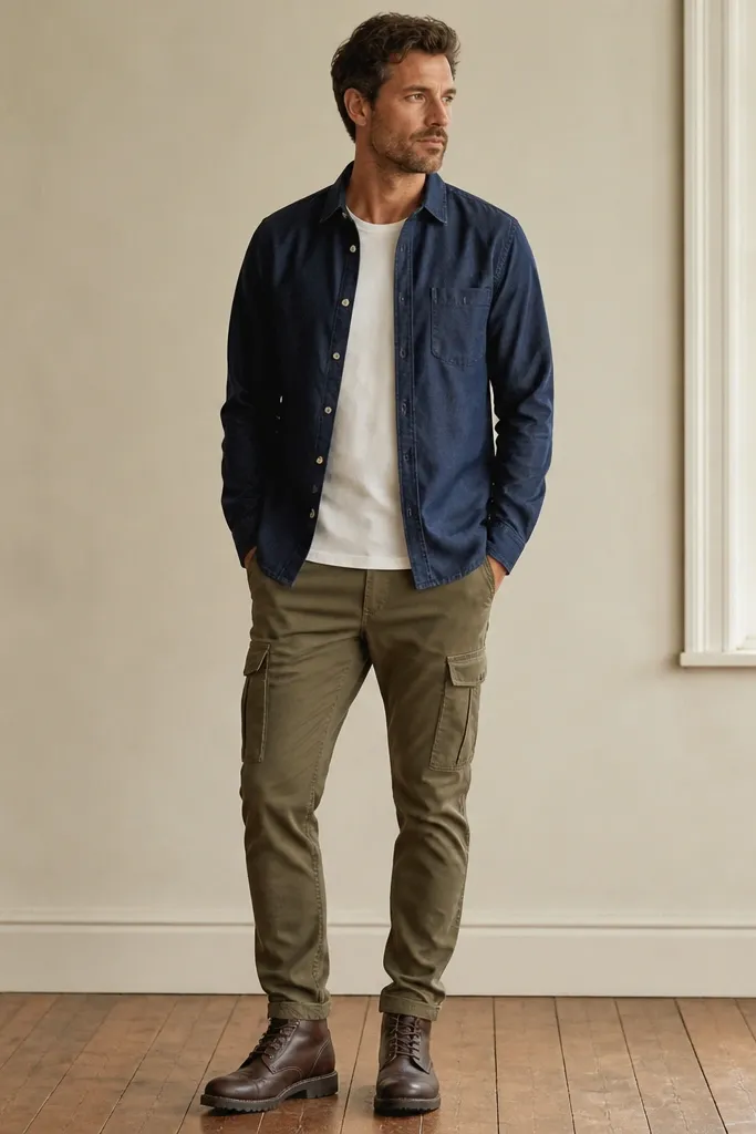 A full-body shot of a man wearing a navy chambray overshirt over a plain white T-shirt, olive cargo pants, and dark brown lace-up boots; the overshirt buttons are left open at the top.