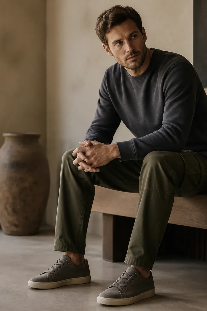 A man sitting on a low bench indoors wearing charcoal crewneck sweatshirt, olive cargo pants, and gray suede sneakers; the sweatshirt cuffs sit neatly at the wrists.