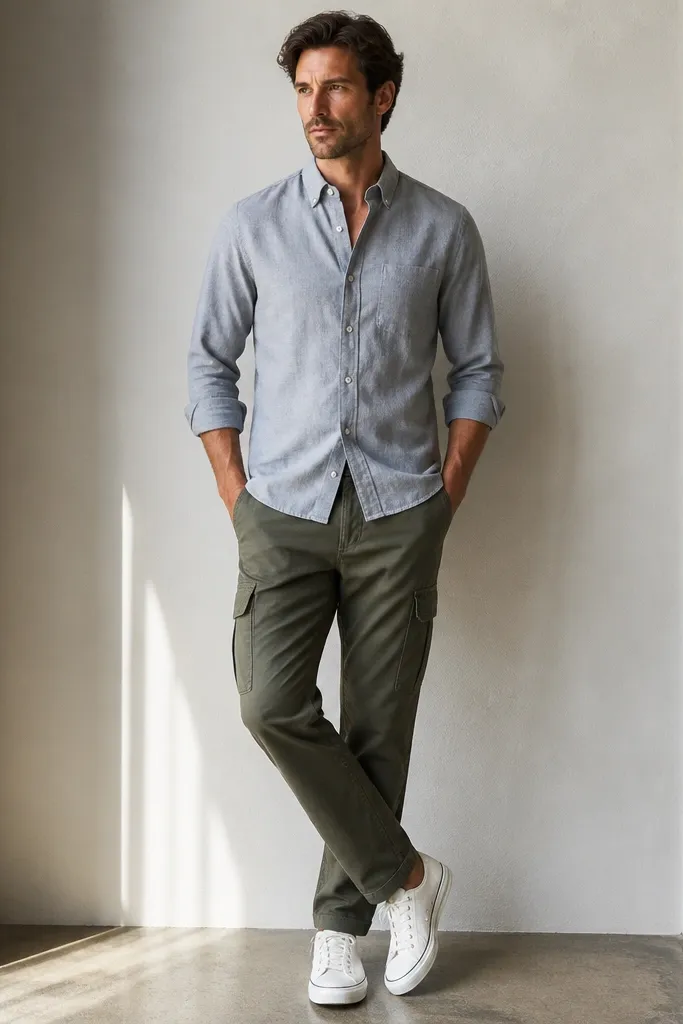 A man wearing a light gray Oxford button-down with sleeves rolled to forearm height, olive cargo pants, and white canvas sneakers; shirt is unbuttoned at the top.