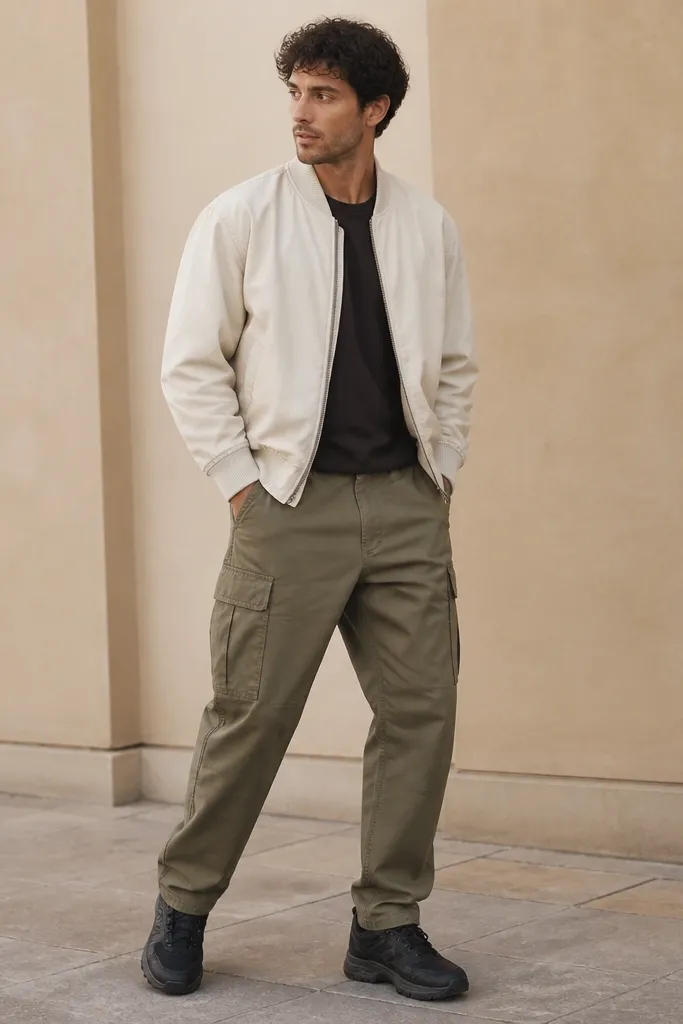 A man wearing a cream matte nylon bomber with ribbed cuffs, olive cargo pants, and black sneakers; jacket is zipped halfway.