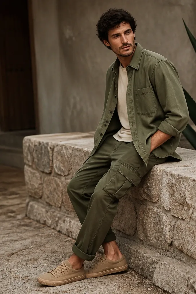 A monochrome look: oatmeal T-shirt under an olive overshirt, olive cargo pants, and tan leather sandals or sneakers; the camera angle shows the different shades of olive.